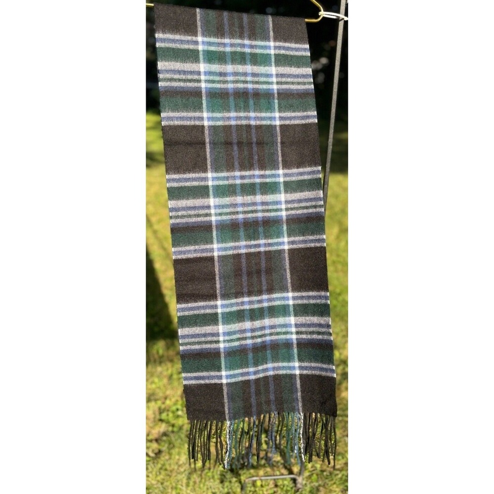 NWT Club Room Cashmere Knit Scarf Black Green White Blue Gray Plaid Fringe 69x12